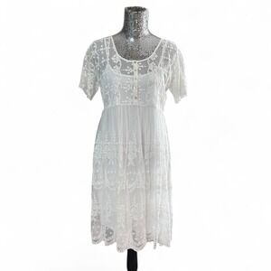 White Lace Prairie Midi Dress Floral Cottagecore Boho Romantic Fairy Large